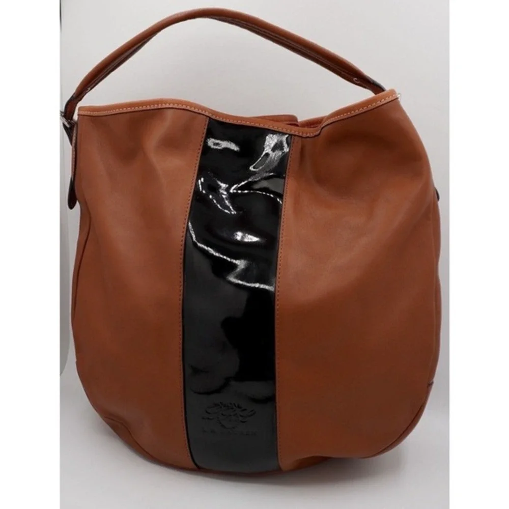 Lauren Ralph Lauren Brown Leather Shoulder‎ Bag Patent Stripe Red Lining 37-06